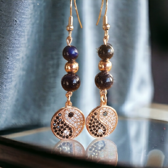 Rose Gold Handcrafted Yin Yang & Goldstone Earrings - Picture 2 of 6